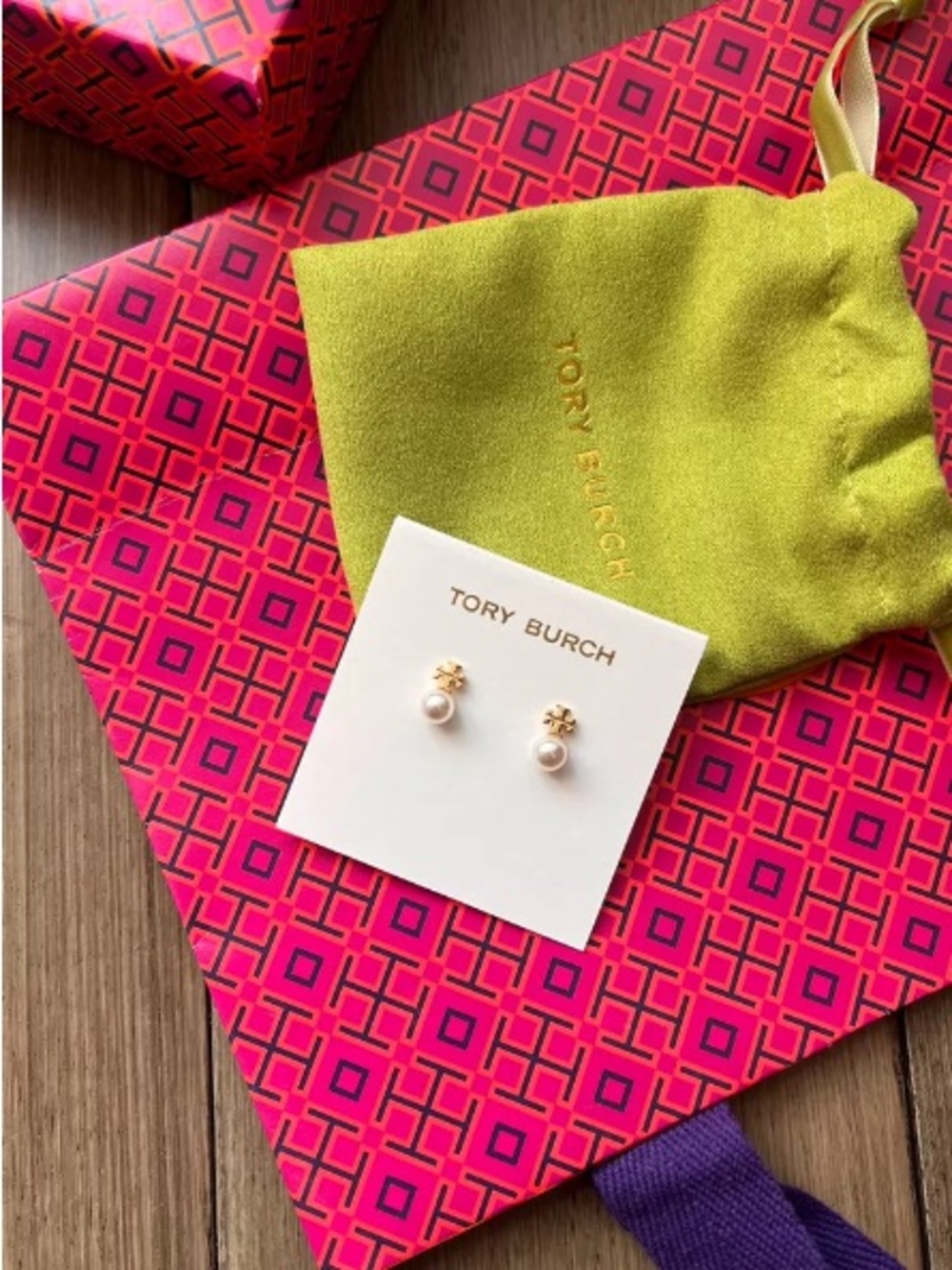 Tory Burch Gold and White Pearl Kids Stud Earrings